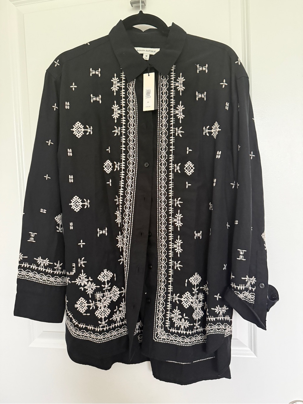 Banana Republic Black Button-Front Jacket with White Embroidery